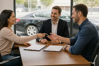 Despachante ajudando um cliente na transferência de veículo com documentos à mesa.