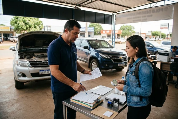 Despachante ajudando um cliente na transferência de veículo em Sinop.