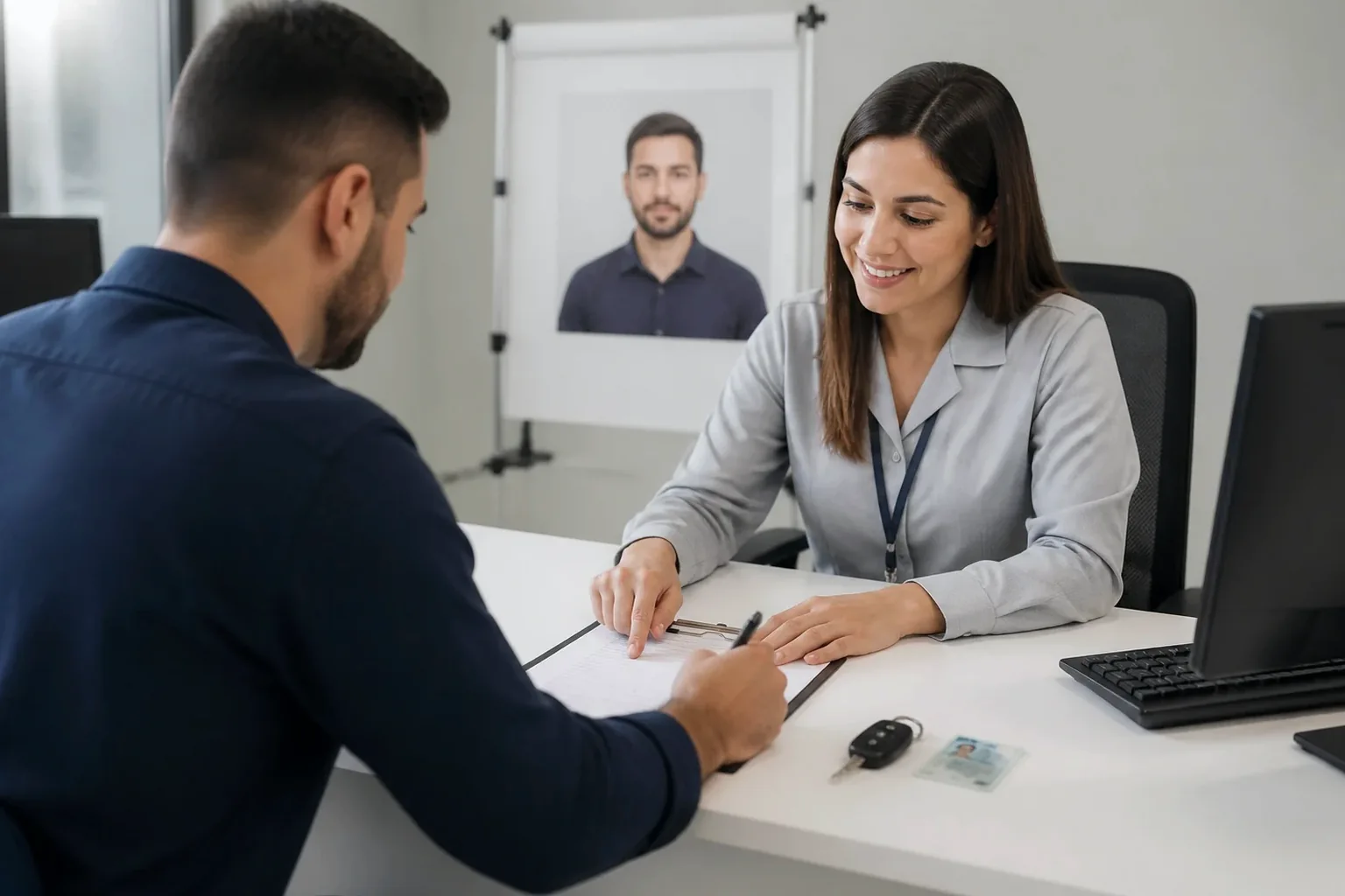 Despachante auxiliando um cliente na renovação da CNH possuindo documentos à vista.