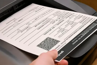 Despachante manipulando documentos e computador durante a impressão do CRLV-e.