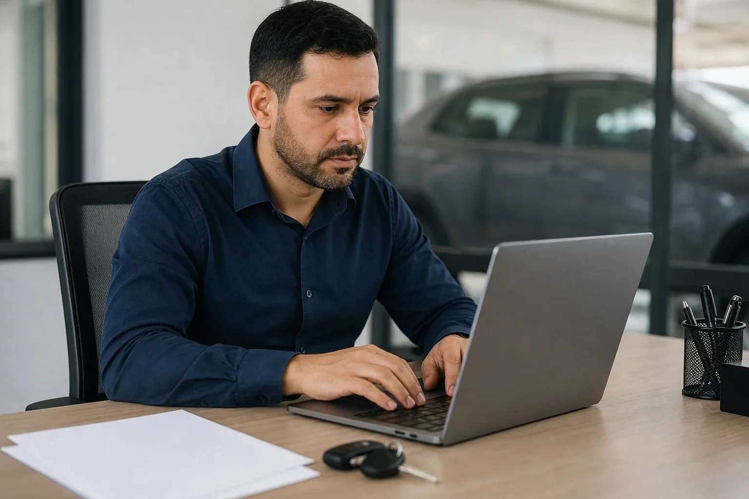 Despachante preenchendo ATPV-e para um cliente em seu escritório.