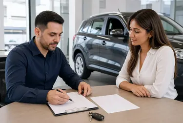 Despachante revisando documentos para o licenciamento de um automóvel.