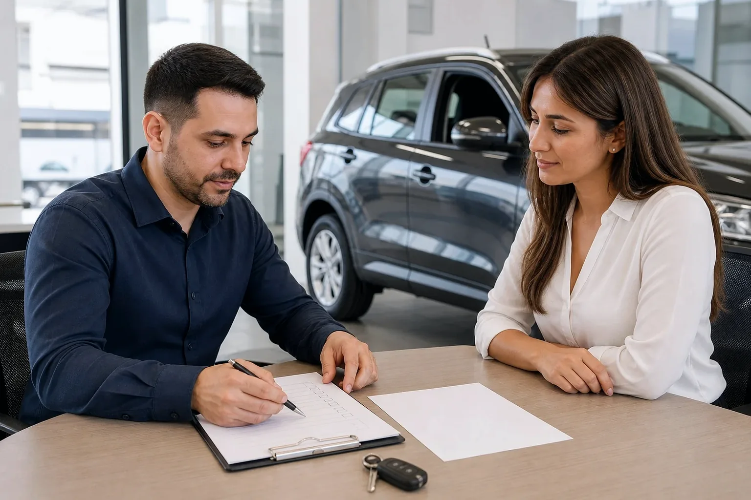 Despachante revisando documentos para o licenciamento de um automóvel.
